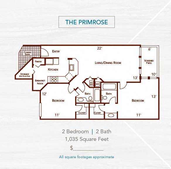 Floor plan for 2 beds, 2 baths, 1035 sqft